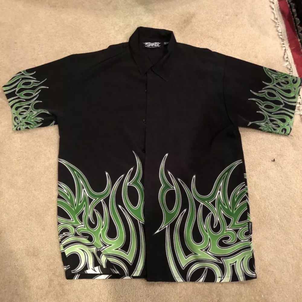 Dragonfly Button Shirt Green Flame Tribal Large L